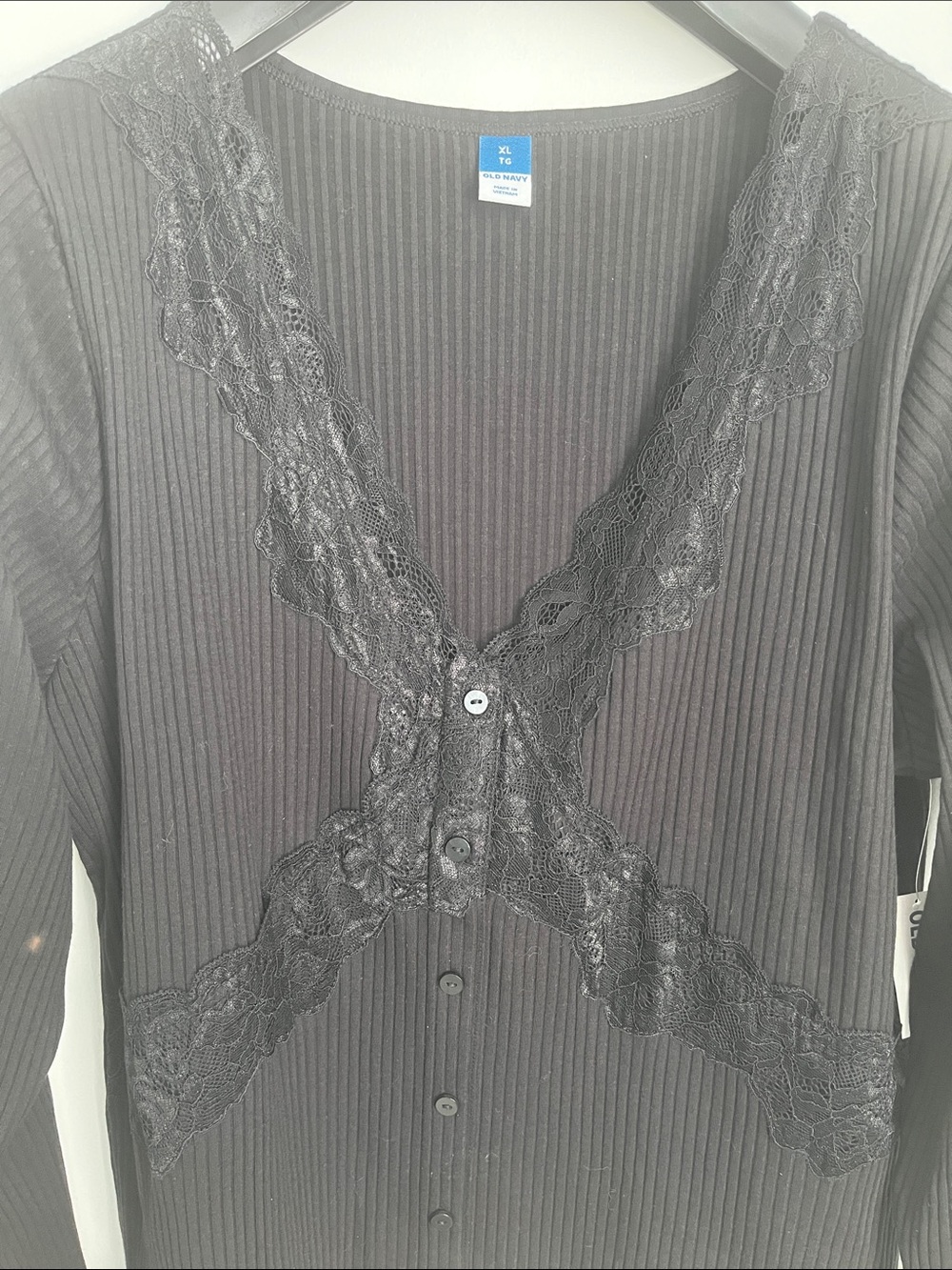 Old Navy Black Ribbed Lace-Trim Button-Down Top - Picture 2 of 5
